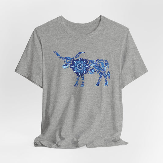 Longhorn Mexican Floral Print In Blue T-Shirt