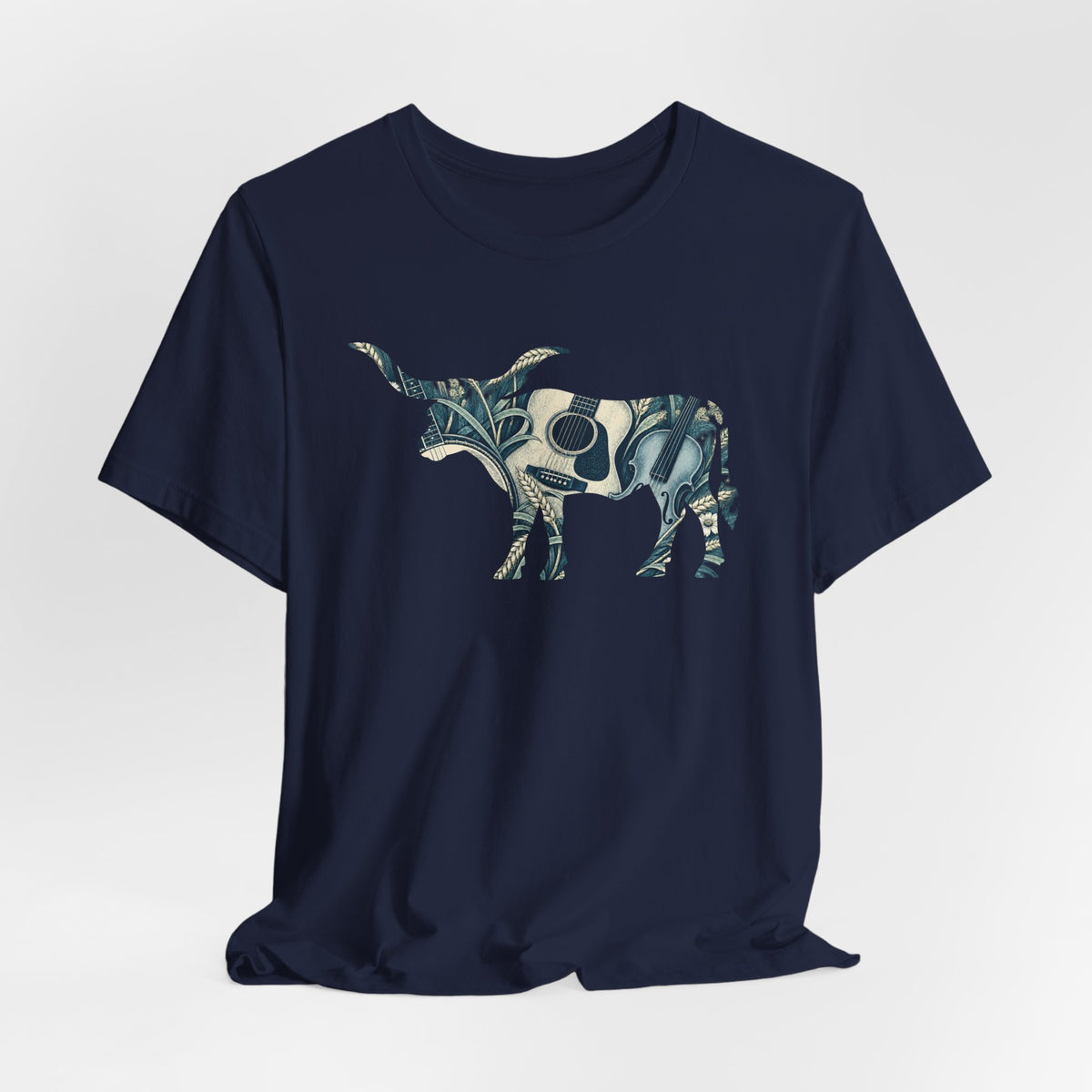 Longhorn Vintage Folk Art Print T-Shirt in Navy & Ivory