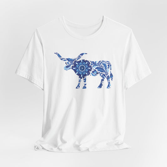 Longhorn Mexican Floral Print In Blue T-Shirt
